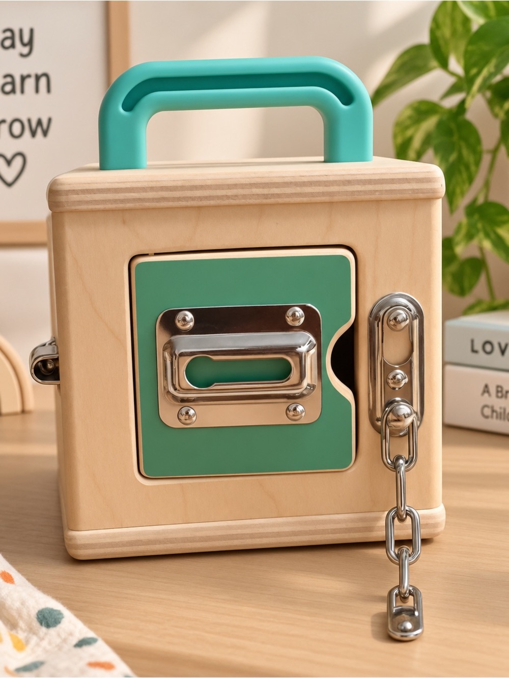 Wooden Learning Lock Box with Teal Handle